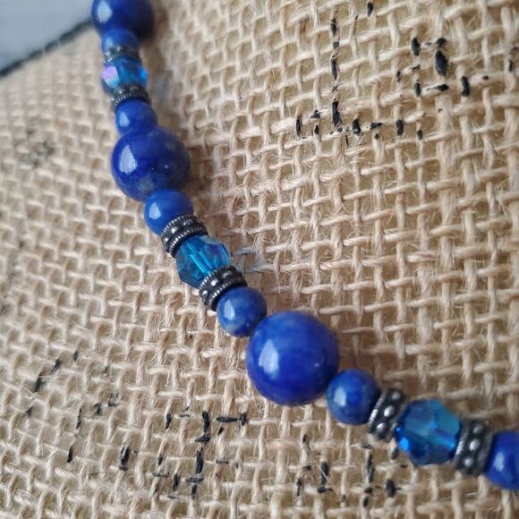 Navy Blue Abstract Glass Ceramic Heavy Statement Necklace Medium Size Beaded 💙 - Picture 4 of 6